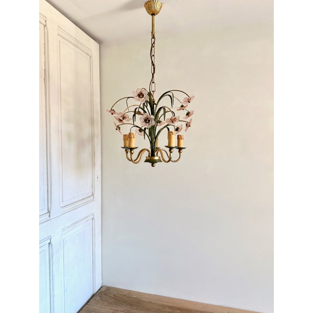 Italian Pink Glass Floral Chandelier with Gilt Tole Leaves from Banci Firenze, 1970s For Sale - Image 6 of 16