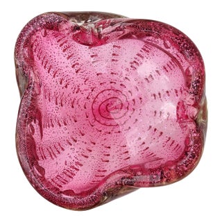 Vintage Murano Pink Silver Flecks Dark Purple Spot Pattern Italian Art Glass Abstract Bowl Ashtray For Sale