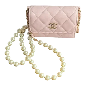 2022 Spring Chanel Quilted Pink Leather Wallet on Chain With Pearls