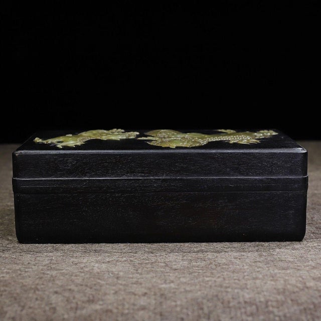 Wood Black Zitan Wood Box Inlaid With Jade Lion Motif For Sale - Image 7 of 9