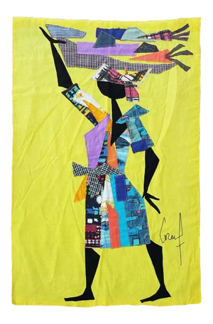 1960s Colorful Tapestry of an Abstract Woman in a Patchwork Garment Carrying a Basket by Coraif