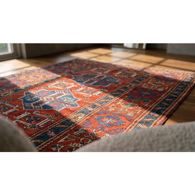 1900s Red Geometric Medallion Antique Caucasian Shirvan Rug 4'0" X 6'8" Knotted Wool Carpet For Sale - Image 9 of 9
