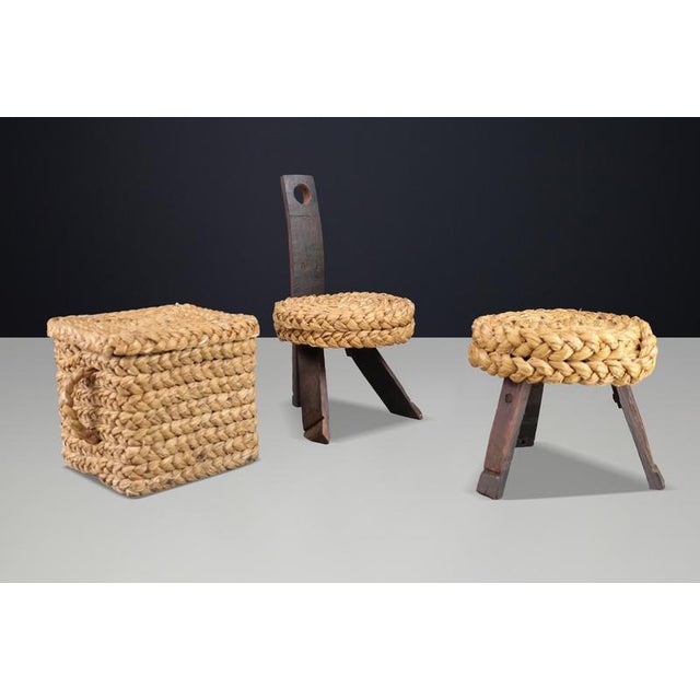 Rare and highly decorative Audoux Minet set including rope chair, stool and basket, crafted in France in the 1960s. A...