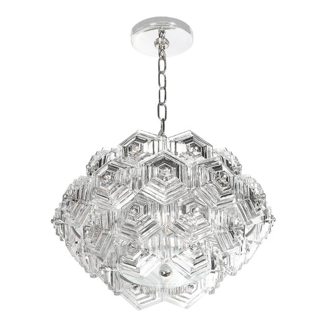 Mid-Century Hexagonal Prism & Frosted Glass Diffuser Chandelier by Veb Ebersbach For Sale