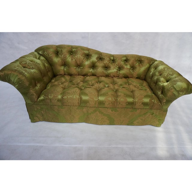 Pair of Custom Curved Back Tufted Damask Sofas Includes Additional Silk Velvet Slipcovers For Sale In Los Angeles - Image 6 of 18