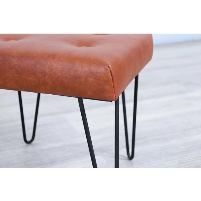 Chocolate Mid-Century Modern Cognac Leather and Iron Harp Leg Stools, 1950s For Sale - Image 8 of 11