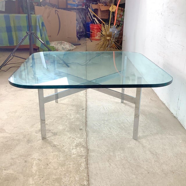 Mid 20th Century Vintage Mies Van Der Rohe Barcelona-Style Chrome & Glass Coffee Table — 1970s–80s, 36" Square For Sale - Image 5 of 12