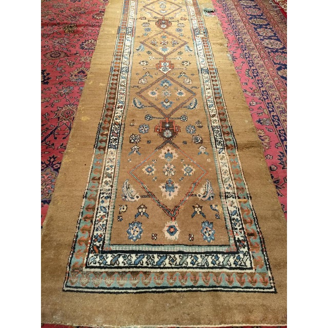 Antique Persian Serab Camel Hair Runner Rug, Hand-Knotted Wool, Geometric Pattern, Red & Green, 4x14 For Sale - Image 11 of 11