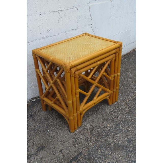 Hollywood Regency Bamboo Rattan Nesting Tables Set of Three 5880 For Sale - Image 4 of 12