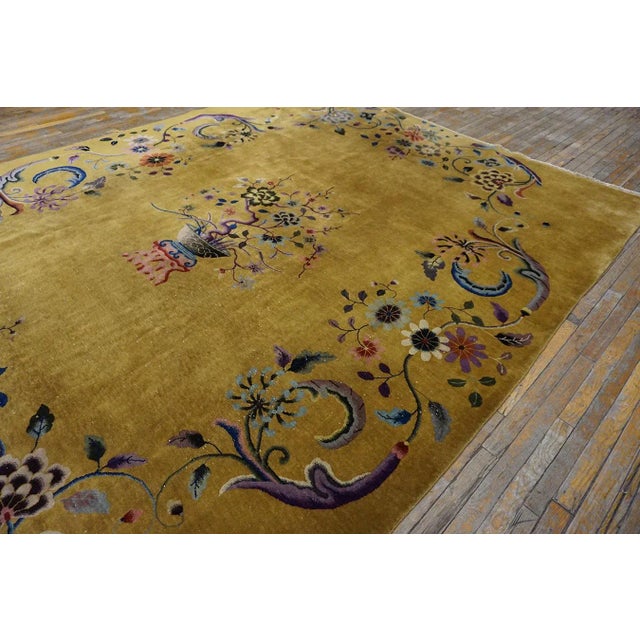1920s 1920s Yellow Saffron Floral Vase Antique Chinese Art Deco Carpet 8'8" X 11'4" Knotted Wool Rug For Sale - Image 5 of 13