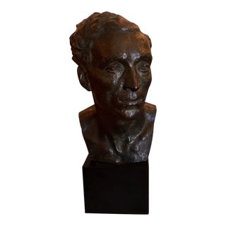 Antique Early 20th C Modern Bronze Bust Sculpture of a Poet For Sale