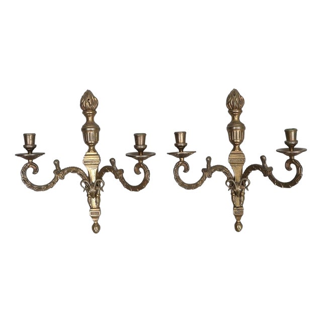 Mid-Century Gustavian Style Brass Wall Sconces, Set of 2 For Sale