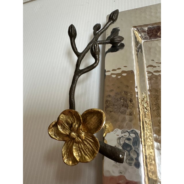 Michael Aram Sign Gold Plated Orchid Flowers Hammered Silver Tone Shine Serving Tray 17"x 7" For Sale - Image 12 of 18
