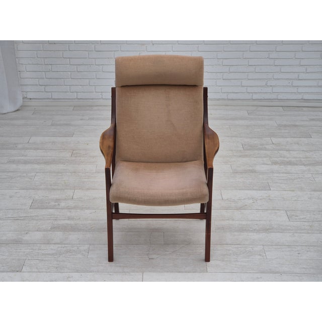 Vintage Scandinavian Highback Armchair in Velour and Dark Beech, 1960s For Sale - Image 9 of 18