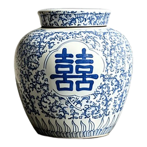 A Pair of Chinese Ceramic Pot,Blue and White Porcelain Lid Jar Hand Painted Double Happies Pattern