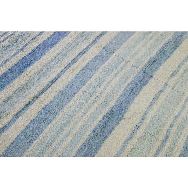 Textile Modern Moroccan Style Handmade Stripe Pattern Ivory and Blue Wool Rug For Sale - Image 7 of 10