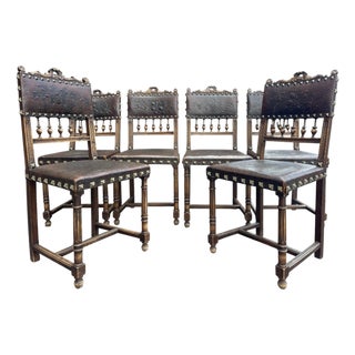 Antique Spanish Revival Embossed Leather Dining Chairs, Set of 6 For Sale