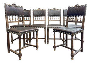Antique Spanish Revival Embossed Leather Dining Chairs, Set of 6
