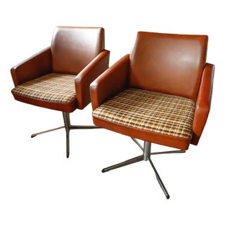DDR Swivel Armchairs in Brown Faux Leather and Checkered Seat, 1970s, Set of 2 For Sale