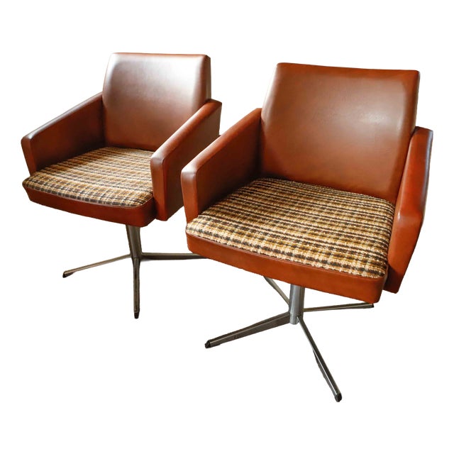 DDR Swivel Armchairs in Brown Faux Leather and Checkered Seat, 1970s, Set of 2 For Sale