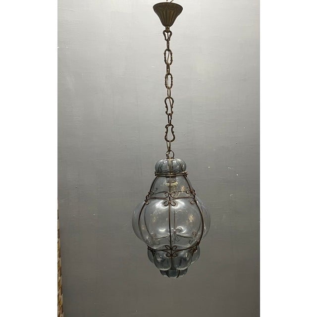 Wrought Iron Murano Blue Light Pendant 1960’s Tinted bluish Murano glass Height including chain and ceiling canopy 90 cm...