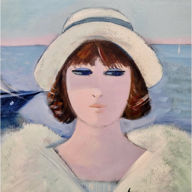 Mid 20th Century Charles Levier -Woman in White W/Flowers at the Marina - Oil Painting For Sale - Image 5 of 10