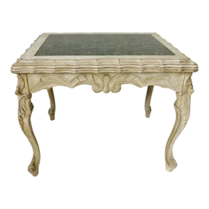 19th Century French Hand Carved Painted Wood Black & Gold Marble Accent Table