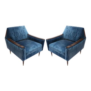 1960s Style Silk Velvet Armchairs With Wood and Brass Details - a Pair For Sale