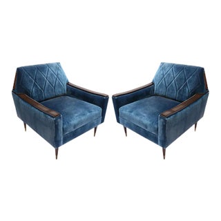 1960s Style Silk Velvet Armchairs With Wood and Brass Details - a Pair For Sale