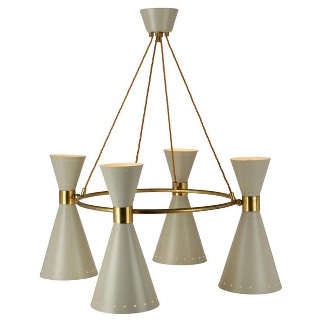 Large Hourglass Chandelier with Grey Metal Diabolo Shades on Brass Frame, 1950s For Sale - Image 3 of 18