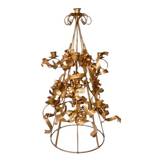 Vintage Gilt Tole Bow, Ribbon & Acorn Christmas Tree Candelabra / Candle Holder Centerpiece For Sale
