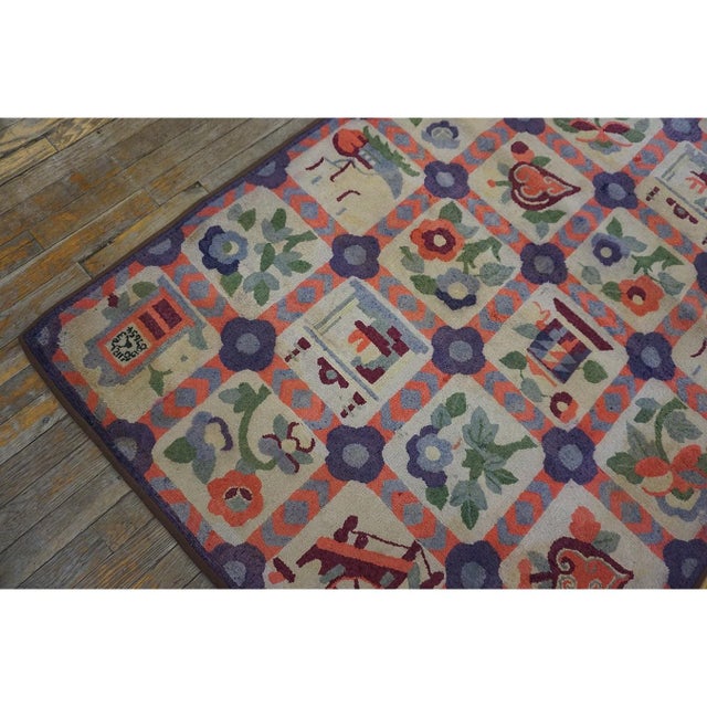 Beige 1930s Small Multicolor Geometric Roses Folk Art Antique American Hooked Wool Rug For Sale - Image 8 of 11