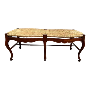 Vintage Provincial Style Stained Fruitwood and Rush Seat Bench