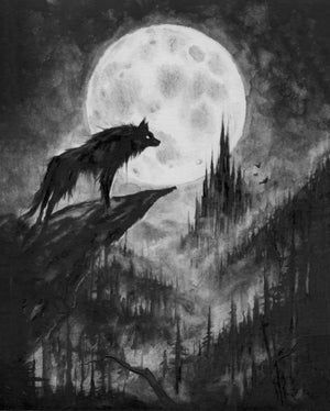 Requiem of Regret by Brian Serway | Water soluble graphite on board Wolf silhouette against a full moon.