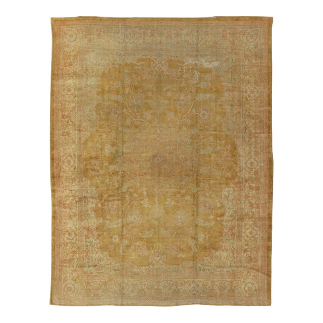 Stunning Antique Fine Burlu Oushak Rug in Gold and Neutral Tones For Sale
