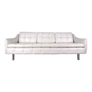 Vintage Three Seat Sofa in Tufted White Vinyl For Sale