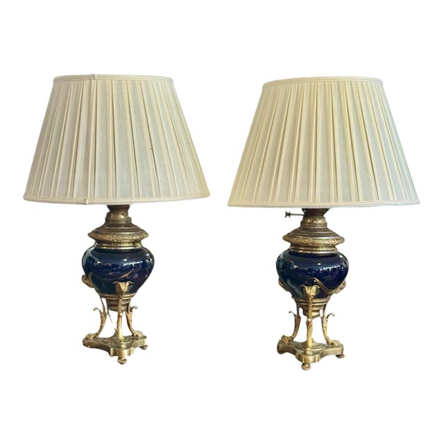 Antique Mid 19th Century Ink Blue Oil Lamps, Electrified - A Pair For Sale