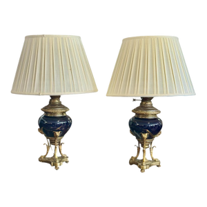 Antique Mid 19th Century Ink Blue Oil Lamps, Electrified - A Pair