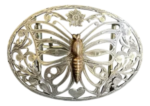 Fleming Butterfly Belt Buckle Western Sterling Silver Filigree Etched Ornate Large Oval