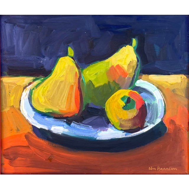 A rare offing of a beautifully colored oil on linen still life of pears on a plate by William B. Hannum 1947 - 1998 a well...