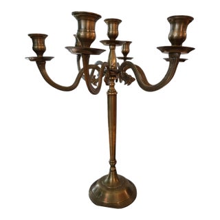 Vintage Brass 6 Arm 7 Candle Candelabra Made in India Ornate Taper Holder 17.5in For Sale