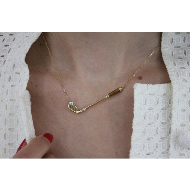 Brown Diamond Golden Tiger's Eye Golf Club Birdie Charm Yellow Gold Necklace Pendant For Sale - Image 8 of 18