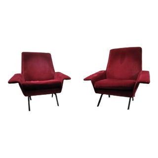 1960s Mid Century Modern Italian Lounge Chairs in Red Velvet After Pierre Guariche- a Pair For Sale