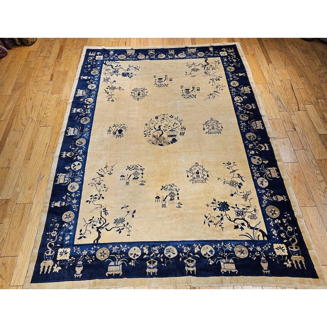 Antique Chinese Peking Rug, Hand-Knotted Wool Pile, Tan Field, 10' x 13' For Sale - Image 9 of 17