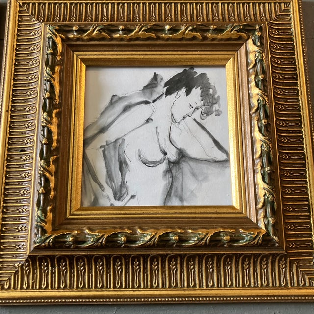 Abstract 1970’s 2 Original Abstract Female Nude Watercolor/Charcoal Painting Chunky Gold Frame -A Pair For Sale - Image 3 of 5