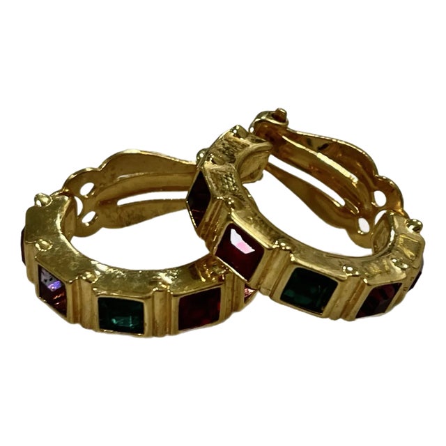 1980s Swarovski Multi Color Crystal Gold Hoops For Sale