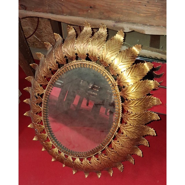 Sunburst Mirror in Gilt Metal with Leaf Decoration Work, 1960s For Sale - Image 4 of 6