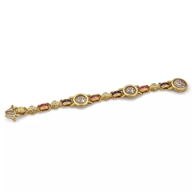 Contemporary Diamond Gold Coin Bracelet 18k Yellow With Multi Gems For Sale - Image 3 of 5