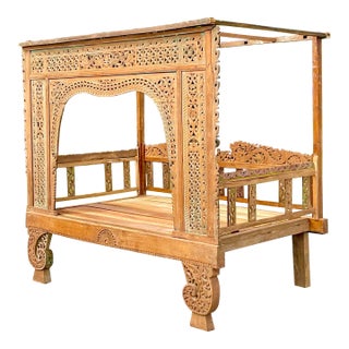 20th Century Vintage Boho Carved Teak Opium Bed For Sale