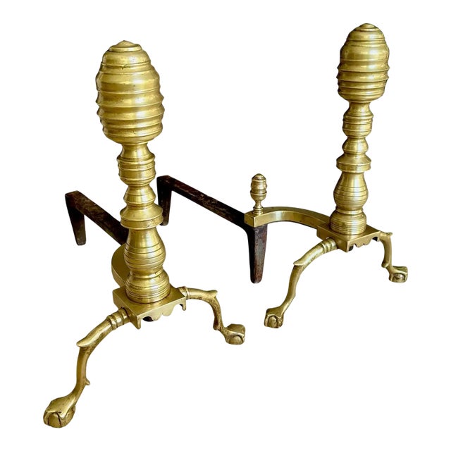 Pair Large Federal Beehive Ball Claw Brass Andirons For Sale